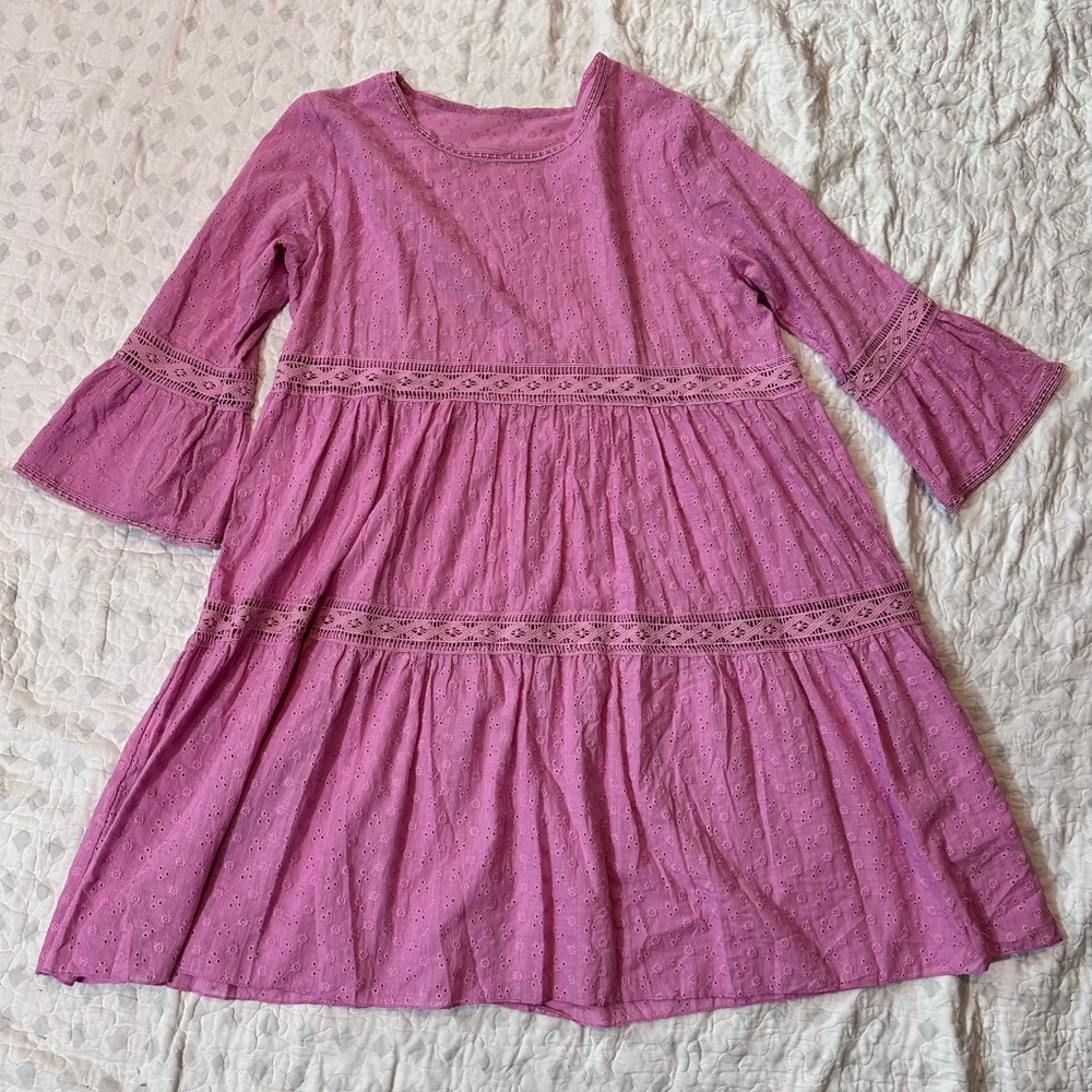 Lavender Eyelet Tiered Midi Dress - Women’s Long Sleeve